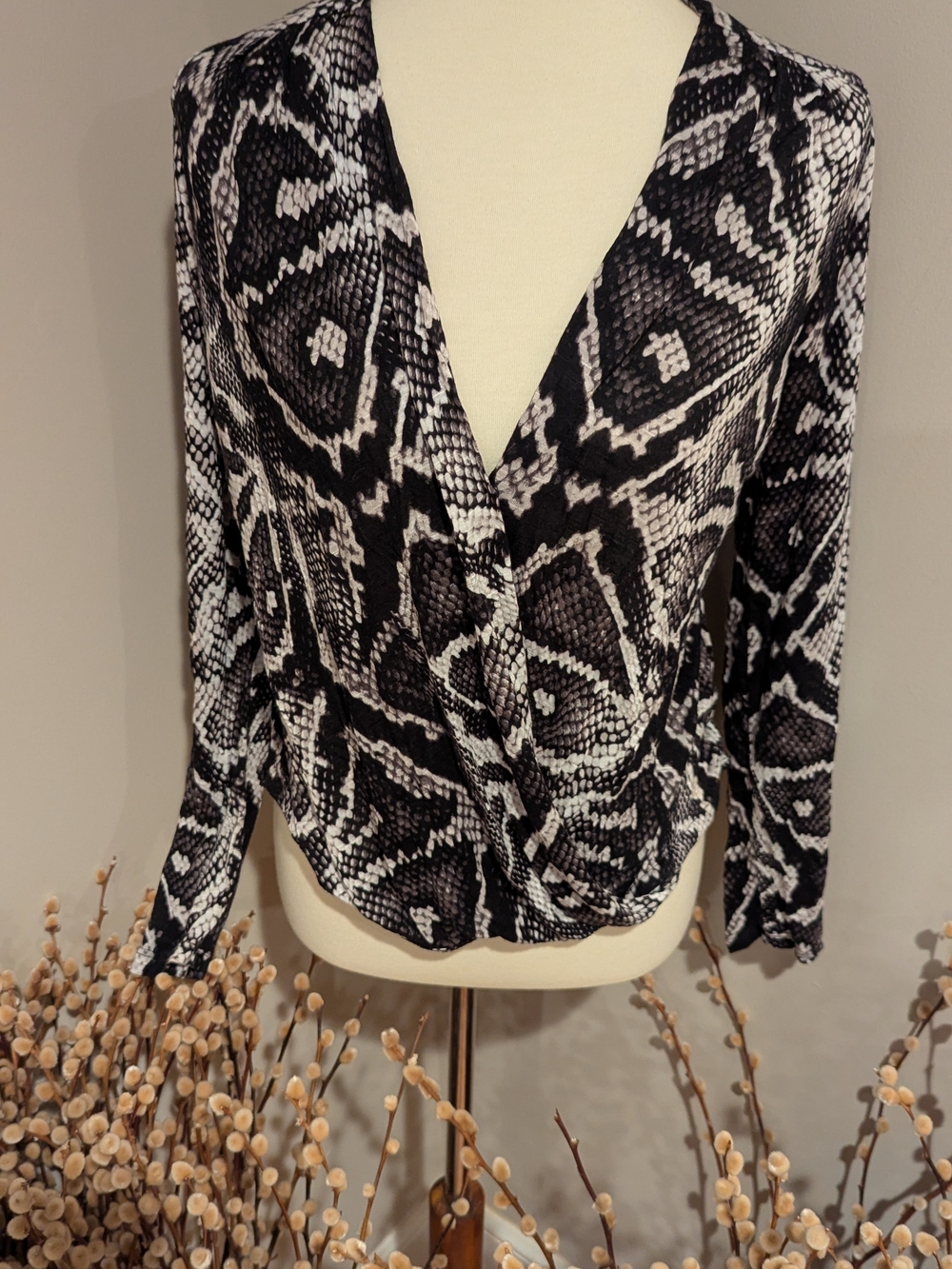 Guess Black and White Snake-Print V-Neck Wrap Sweater